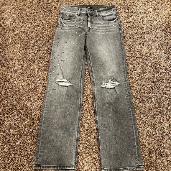 Express High Waisted Ripped Pearl Embellishment Modern Straight Jeans - Picture 6 of 16